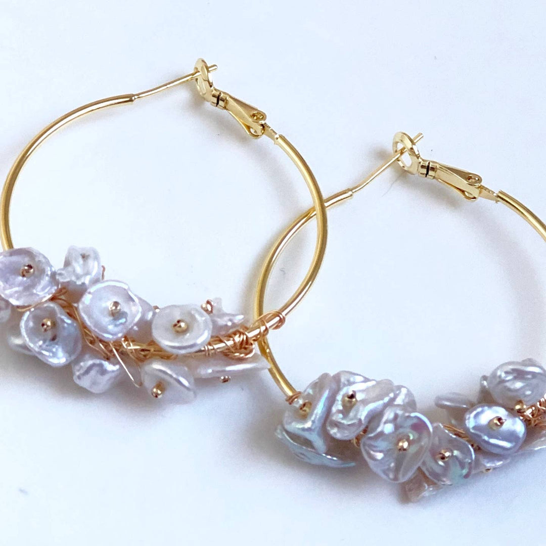 Freshwater Keshi Pearl Cluster Gold Plated Hoop Earrings