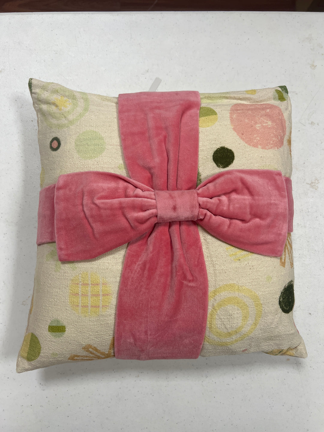 16" Sq. Cotton Printed Pillow w/ Pattern & Bow