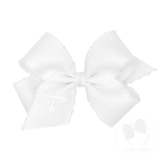 Wee Ones-Medium White Grosgrain Hair Bow with Moonstitch Edge/Cross Embroidery