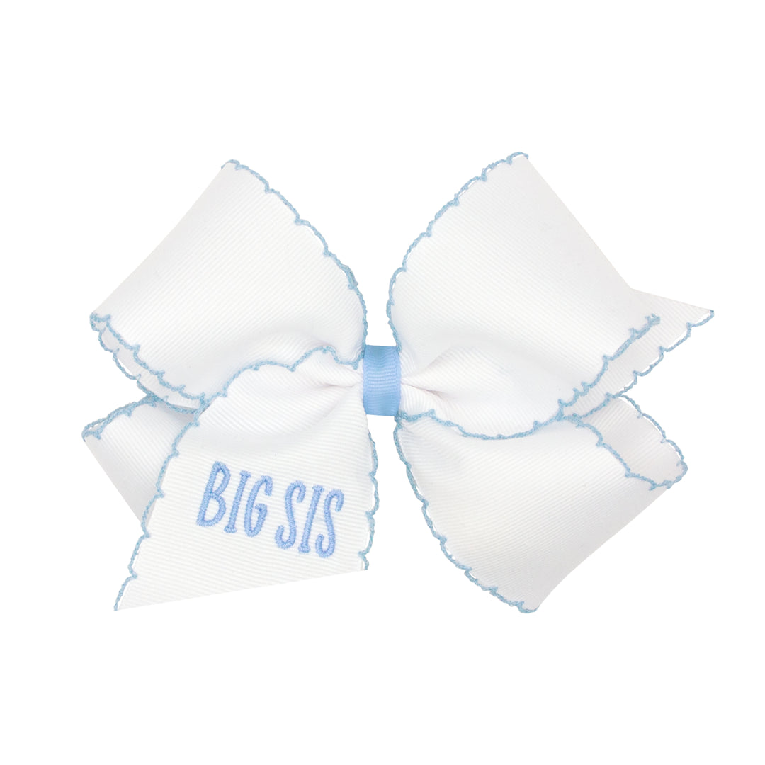 King Grosgrain Hair Bow with Millennium Blue Moonstitch Edge and "BIG SIS" Embroidery