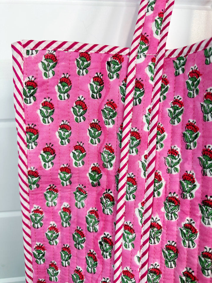 Folklore Couture - Quilted Tote Bag | Pink Floral Tote | Large Shopping Bag