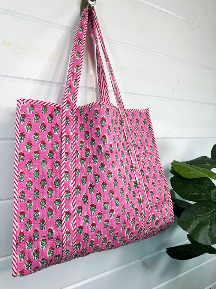Folklore Couture - Quilted Tote Bag | Pink Floral Tote | Large Shopping Bag