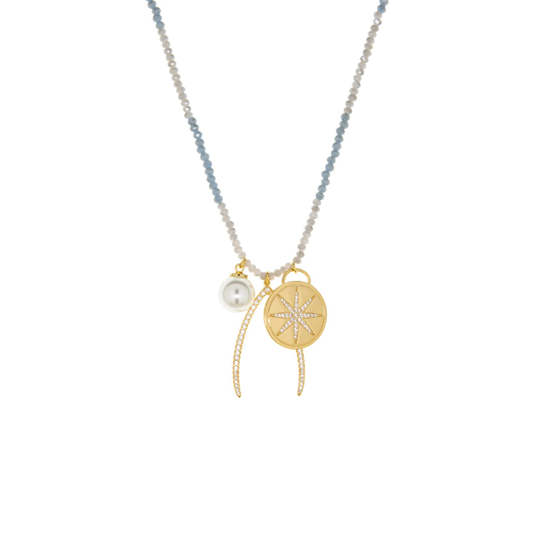 Gold Plated Ice Color Block Crystal Beaded Necklace with Wishbone, Pearl, and Starburst Charm
