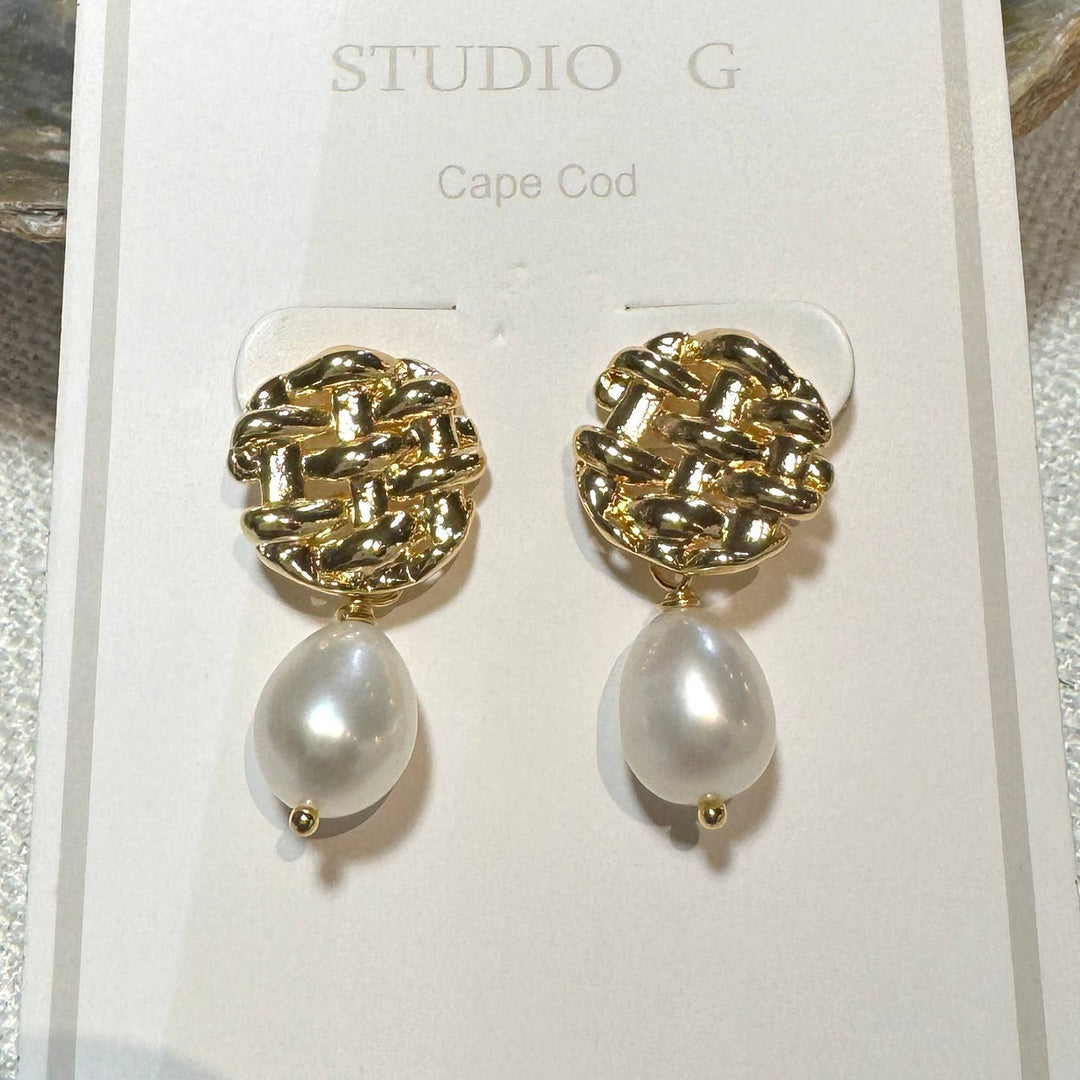 #1246-Basketweave Drop Pearl Earring