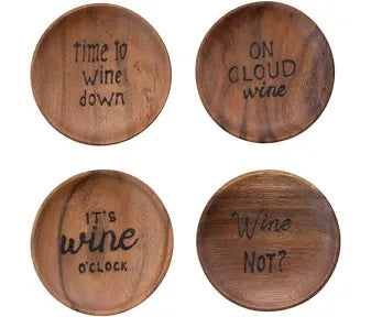 5" Round Acacia Wood Plates w Saying- INDIVIDUAL
