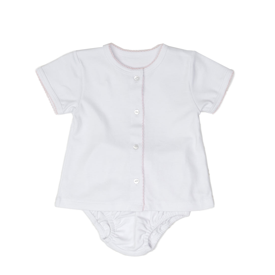 White W/ Lt. Pink Moonstitch Pima Cotton Diaper Set