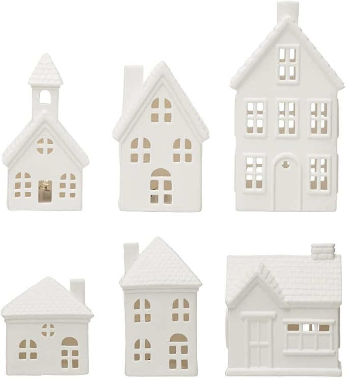 Stoneware Bisque Houses with LED Lights, White