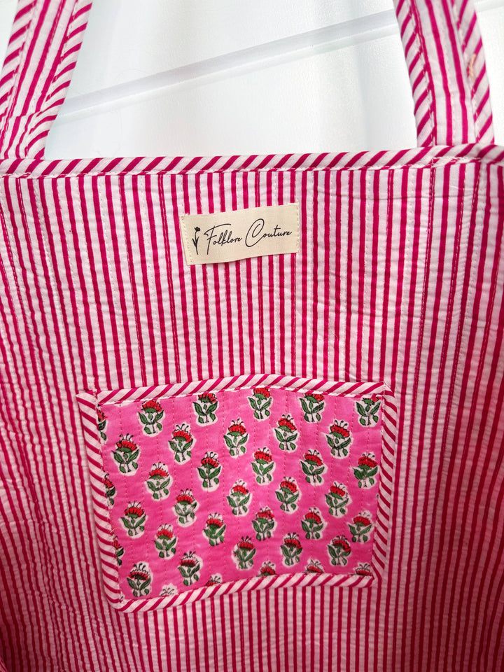Folklore Couture - Quilted Tote Bag | Pink Floral Tote | Large Shopping Bag