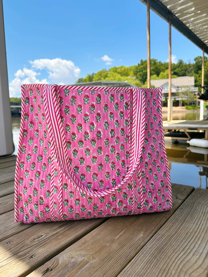 Folklore Couture - Quilted Tote Bag | Pink Floral Tote | Large Shopping Bag