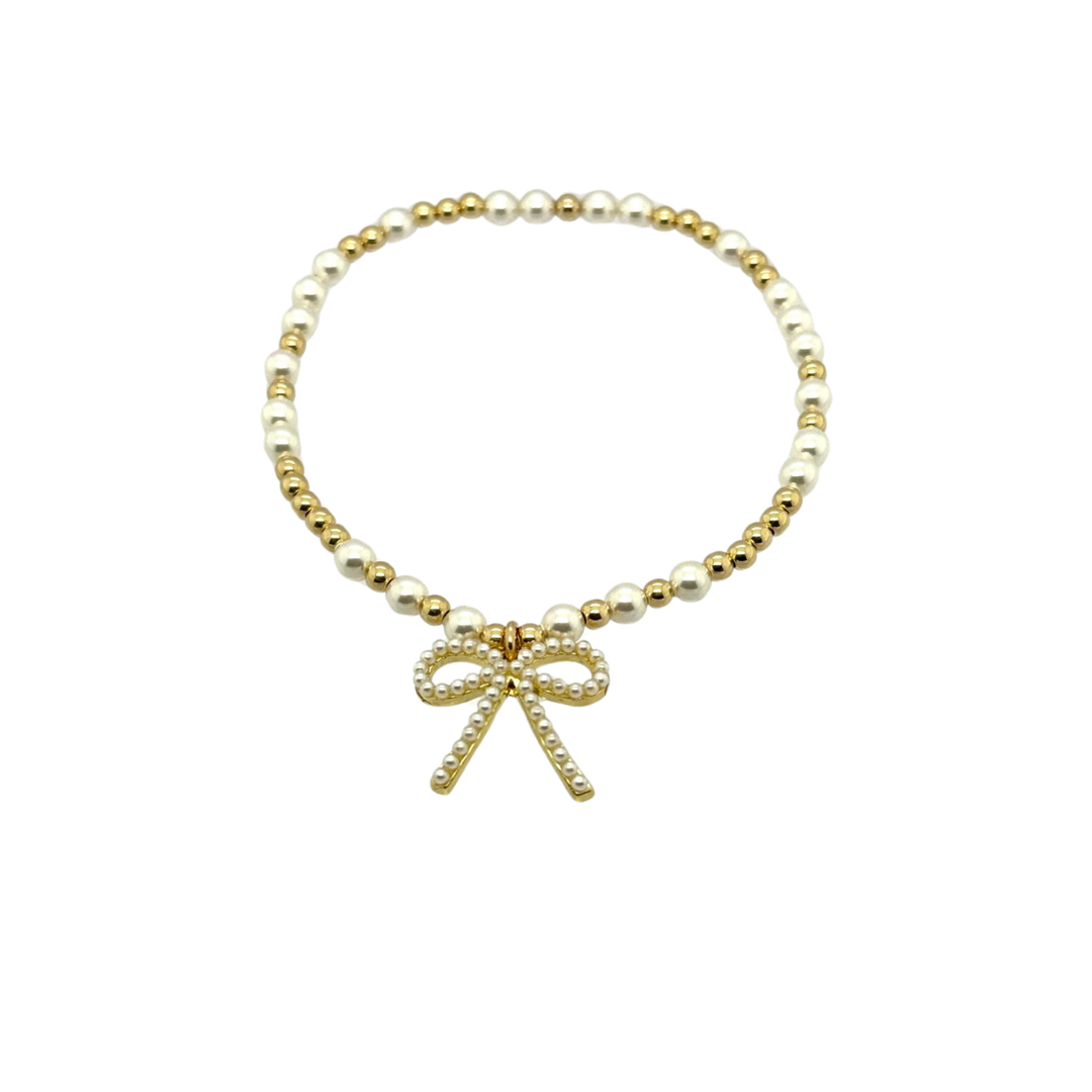 "EMMA + FWP BOW" Charm Gold Filled & Pearl Beaded Bracelet: 14K Gold Filled beads / Stretchy 6.5"