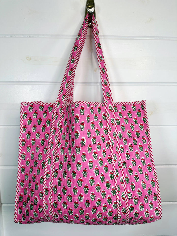 Folklore Couture - Quilted Tote Bag | Pink Floral Tote | Large Shopping Bag