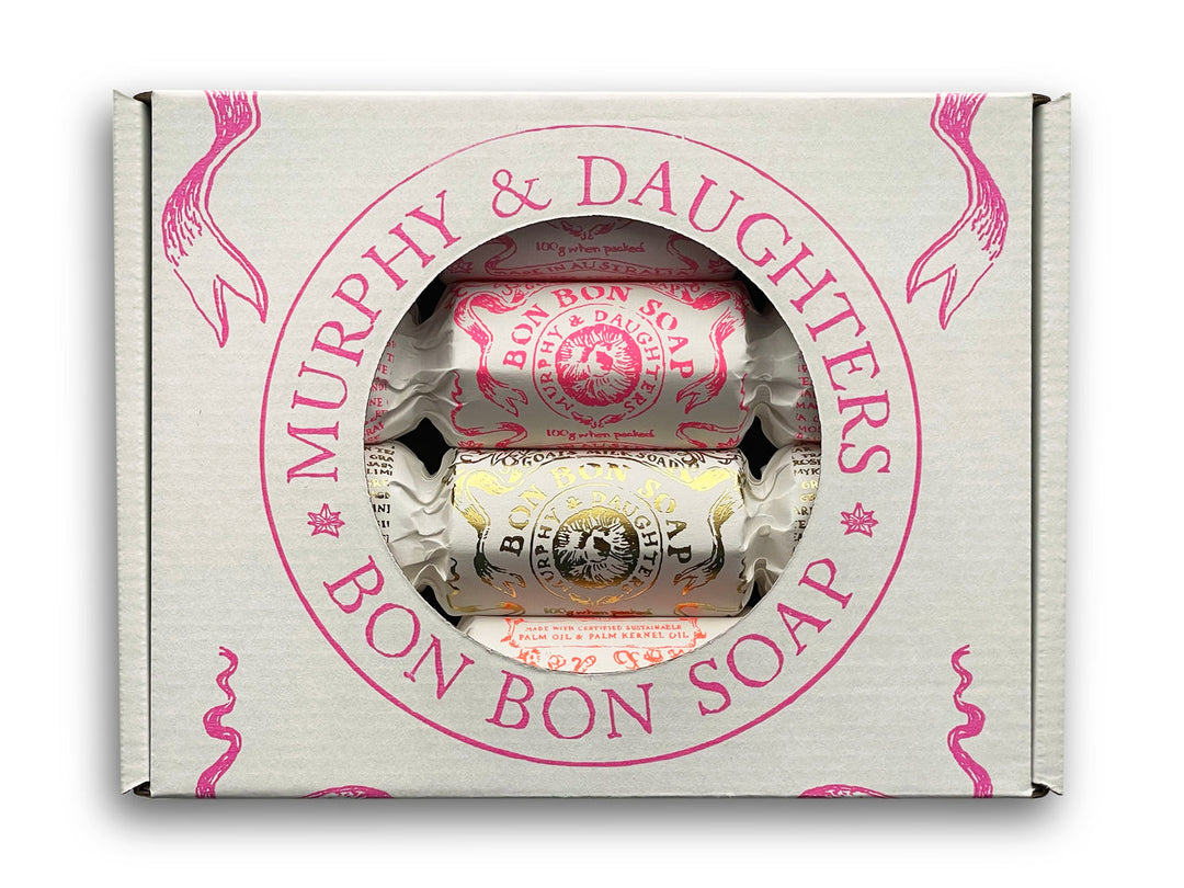 Gift set of 4 Bon Bon soaps - pink box with warm wrappers + 1 gold foiled soap