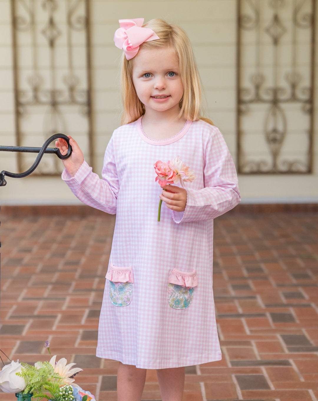 Mary Chase Long Sleeve Pink Floral Gingham Dress