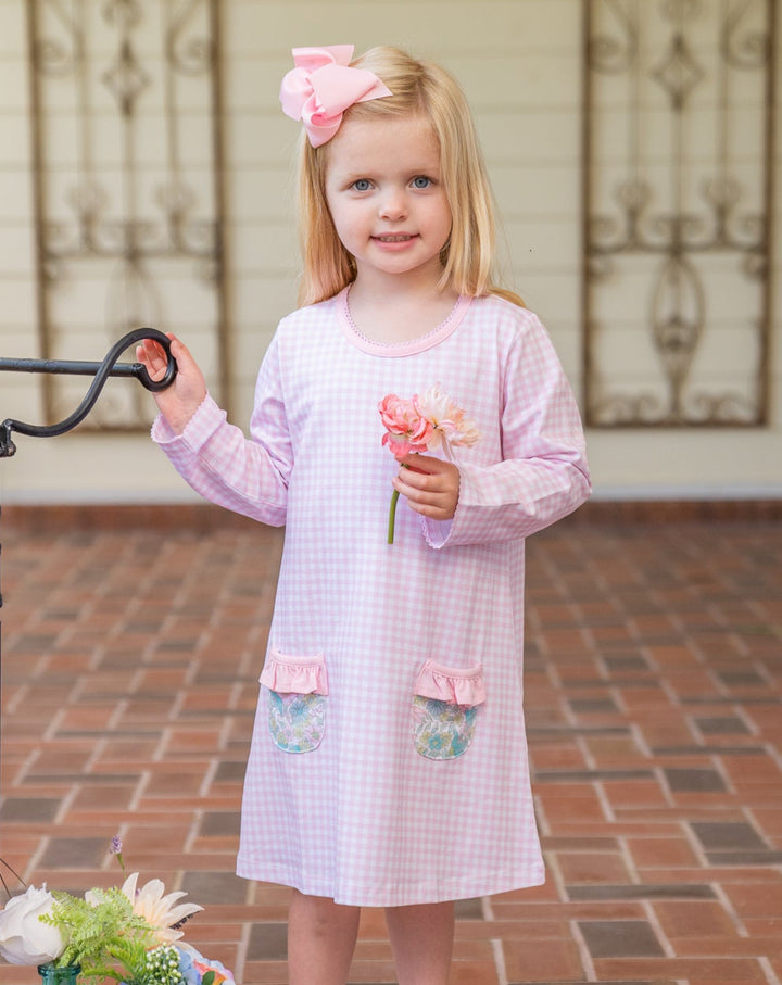 Mary Chase Long Sleeve Pink Floral Gingham Dress