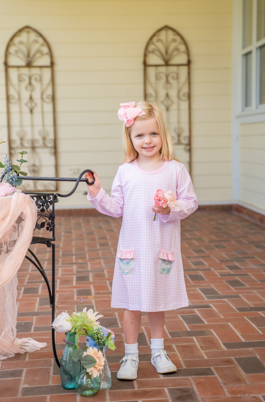 Mary Chase Long Sleeve Pink Floral Gingham Dress