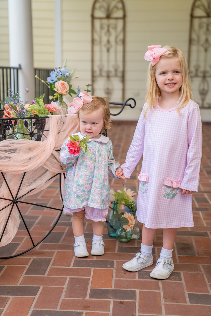 Mary Chase Long Sleeve Pink Floral Gingham Dress