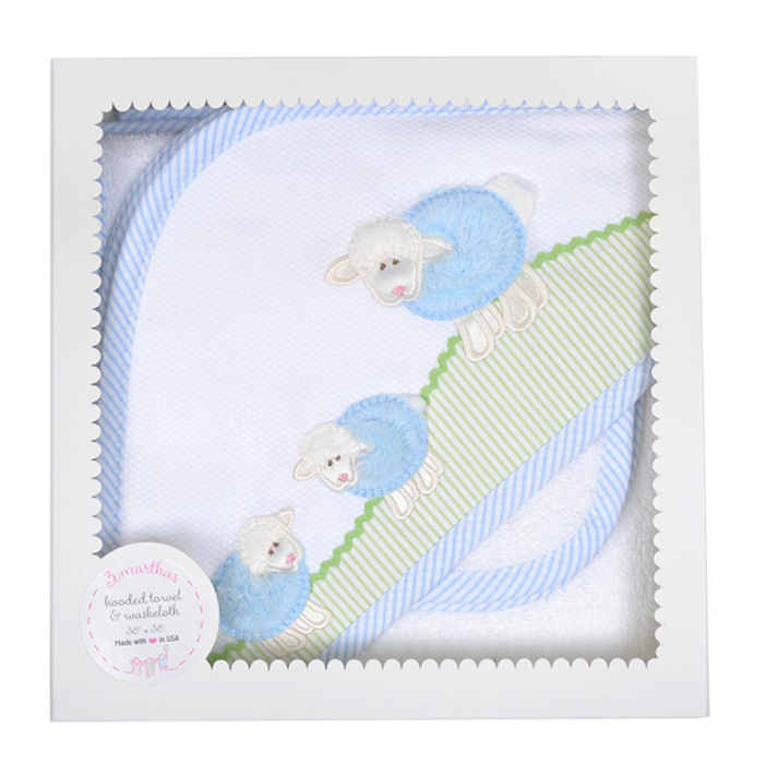 3 Marthas - Blue Lamb Hooded Towel & Washcloth Set