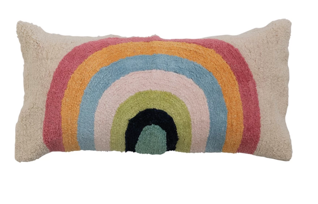 28" x 14" Cotton Tufted Lumbar Pillow w/ Rainbow & Chambray Back