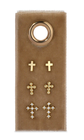 Velvet Gift Stud Set- Cubic Zirconia Cross, Ball Cross, Plain Cross- Gold