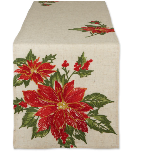 Poinsettia Holly Embroidered Table Runner- 14x7