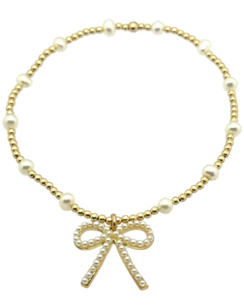 "BARA + FWP BOW" CHARM GOLD FILLED & PEARL BEADED BRACELET