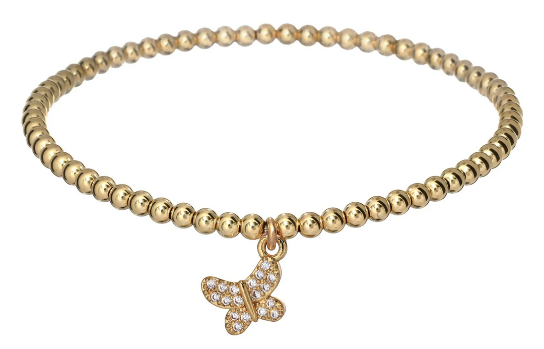 "BUTTERFLY" PAVE CHARM BALL BEAD BRACELET