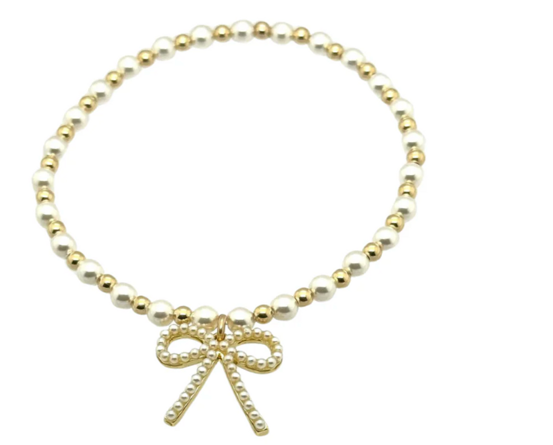 "MAY + FWP BOW" CHARM GOLD FILLED & PEARL BEADED BRACELET