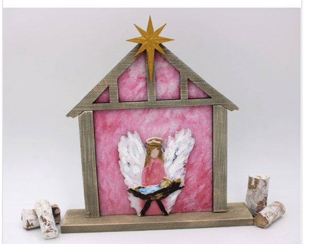 10.25x11" Layered Wood Angel at Manger, Pink ©Tawnya Norton