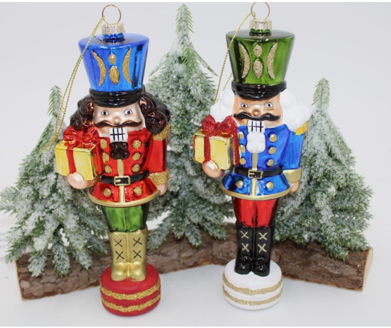 2.65x7" Glass Nutcracker Ornament, Red/Green/Blue