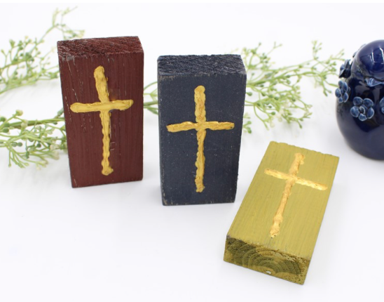 2x4" Wood Block with Handpainted Cross, 3 Assorted