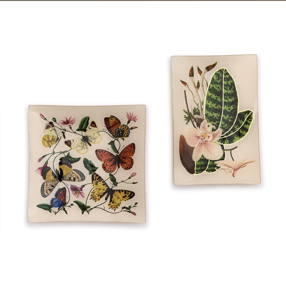 Butterfly and Botanical Glass Trinket Tray with Gold Foil Backing Assorted 2 Designs: Butterfly/Square, Botanical/Rectangle - Glass