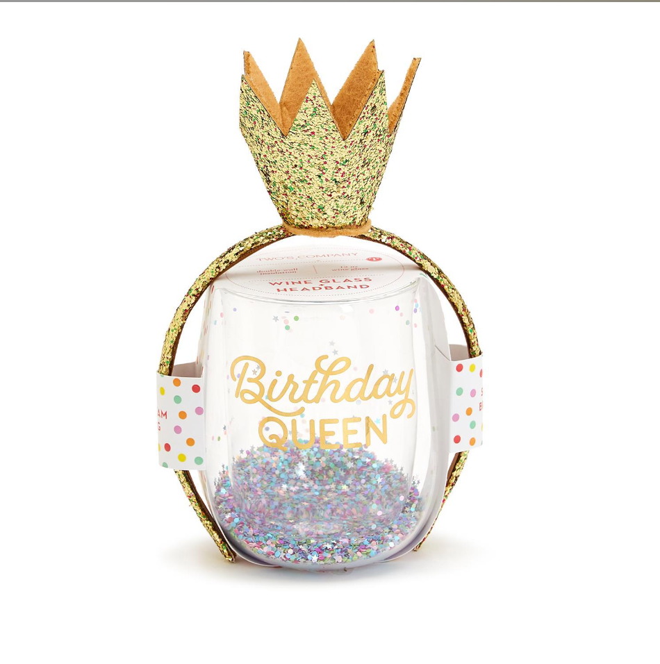 Birthday Queen Stemless Wine Glass and Glitter Crown Headband