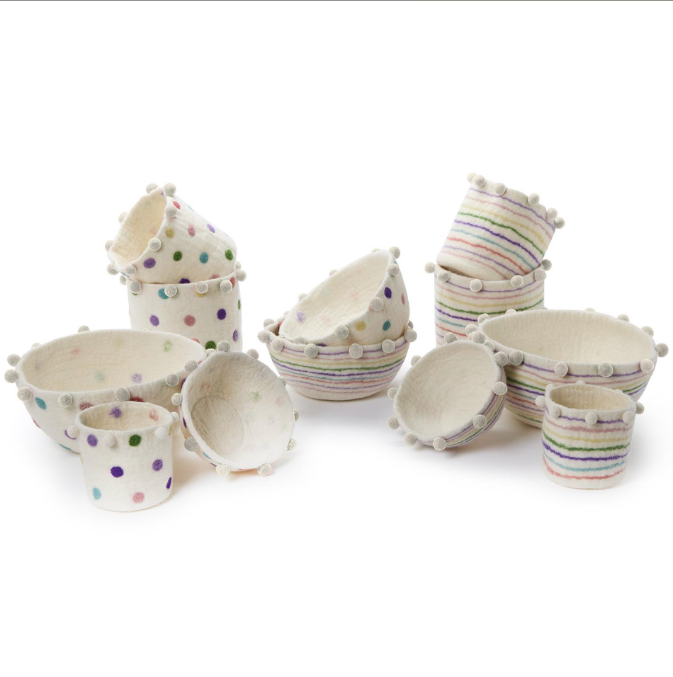 Multicolor Hand-Crafted Felt Baskets / Bowls with Pom-Poms