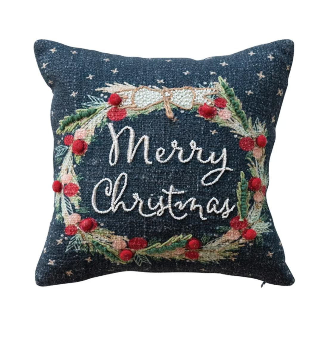 12" Square Cotton Printed Pillow w/ Wreath, Embroidery, Beads & Pom Poms