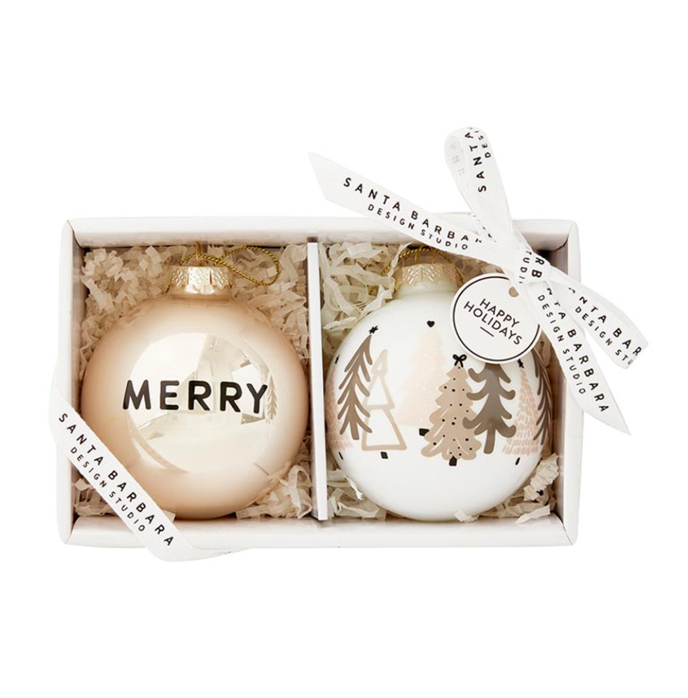 Glass Ornament Set - Merry + Trees - Set of 2