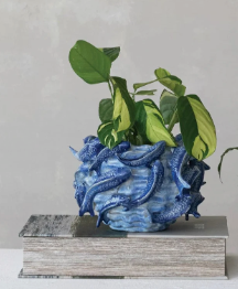 10-1/2" Rd x 6-1/4"H Stoneware Planter w 3D Fish, Blue