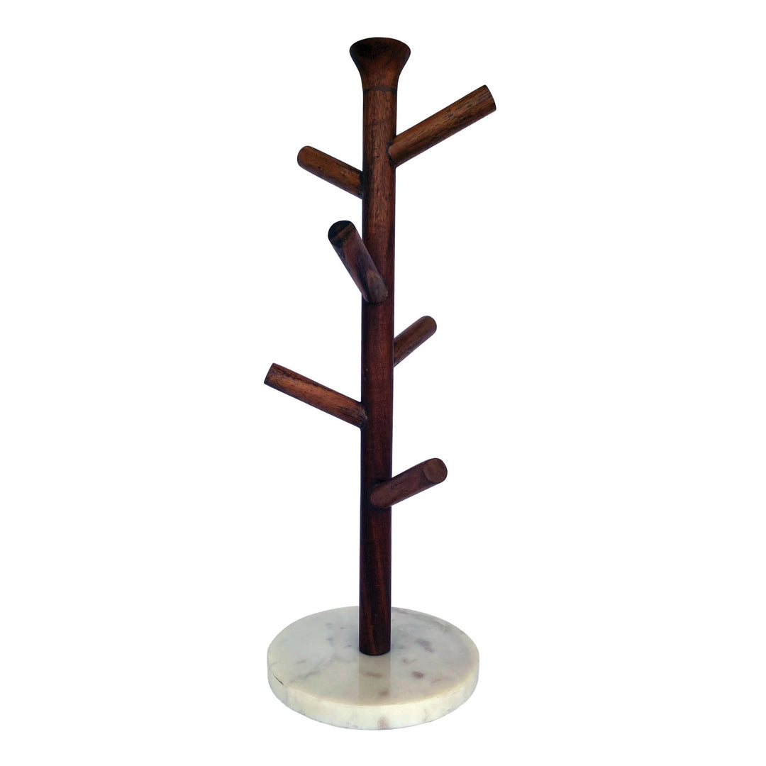 6" R x 16-3/4"H Mango Wood & Marble Mug Rack,Natural &White