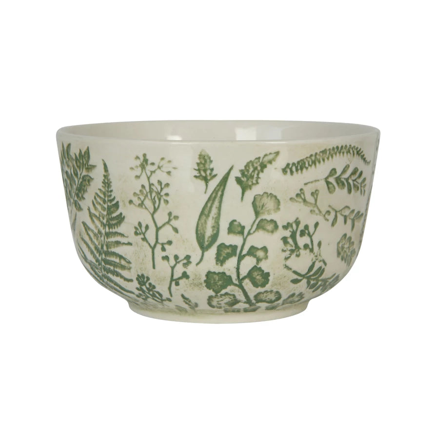Hand-Stamped Stoneware Bowl, Green with Embossed Pattern