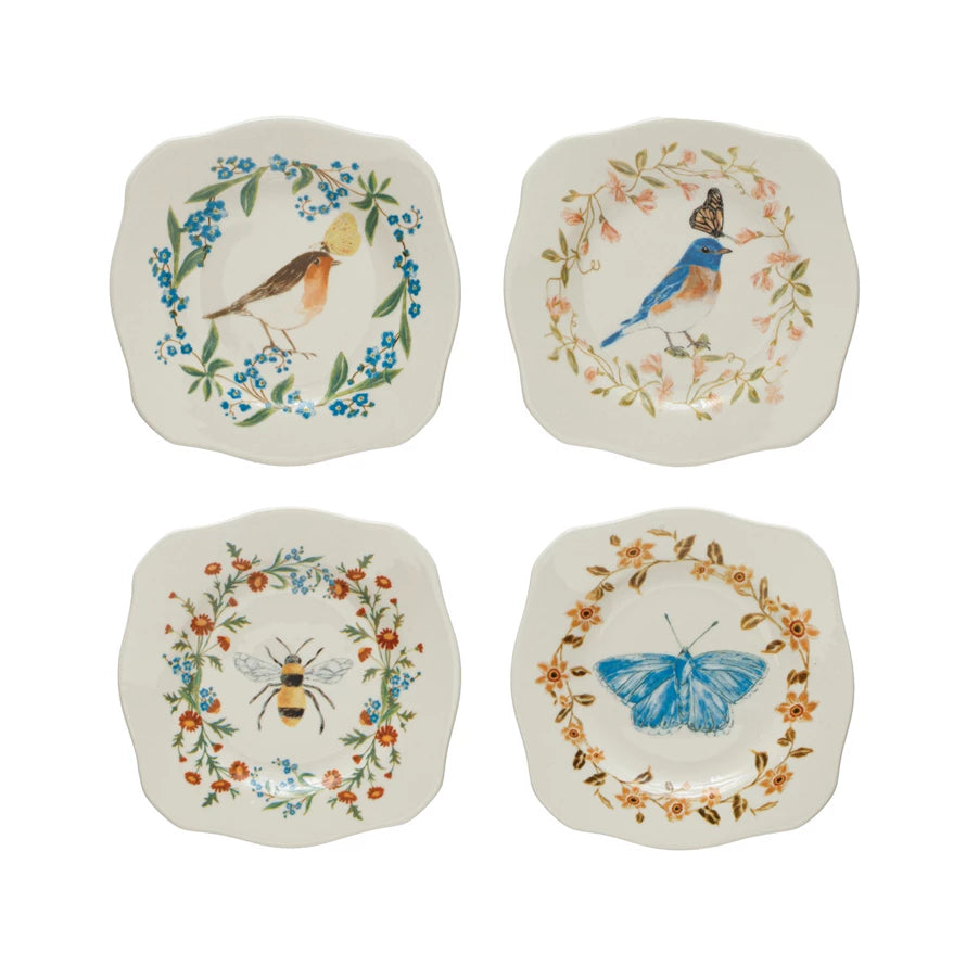 Stoneware Scalloped Plate w/ Insect/Bird & Flowers, Multi Color, 4 Styles ©3