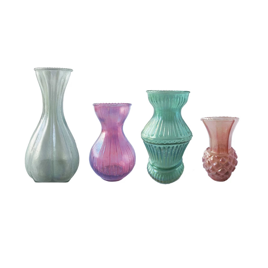 3-1/2"Rx6-1/4"H Debossed Recycled Glass Vases, Multi