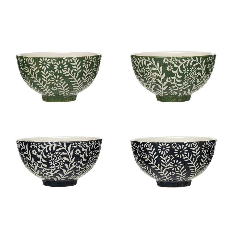 4-3/4" Round Stoneware Bowl w Botanicals, 4 Styles/ 2 Colors