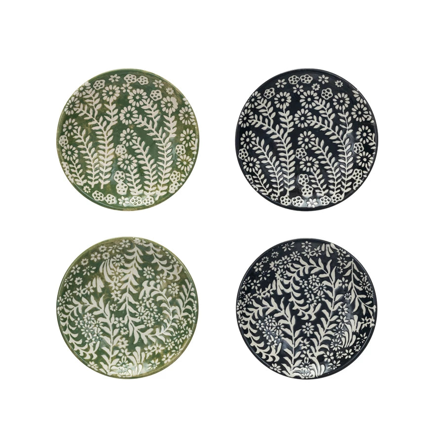 5" Round Stoneware Plate w Wax Relief Botanicals, 4 Styles