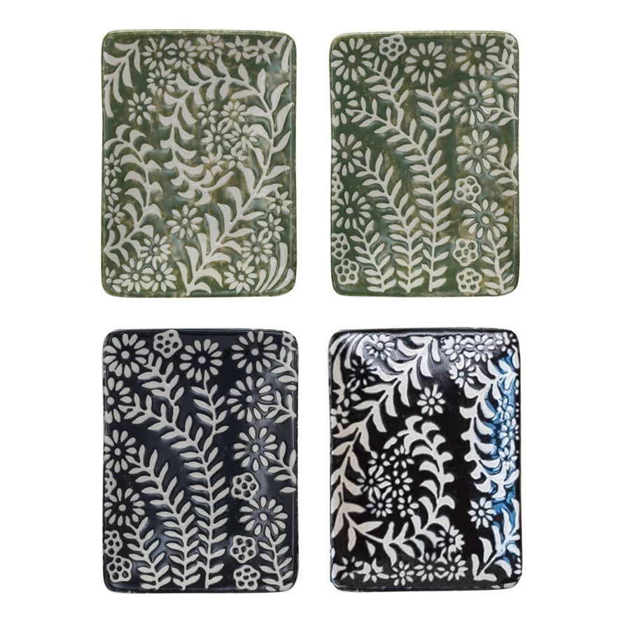 Stoneware Dish w/ Wax Relief Botanicals, 2 Colors, 2 Styles
