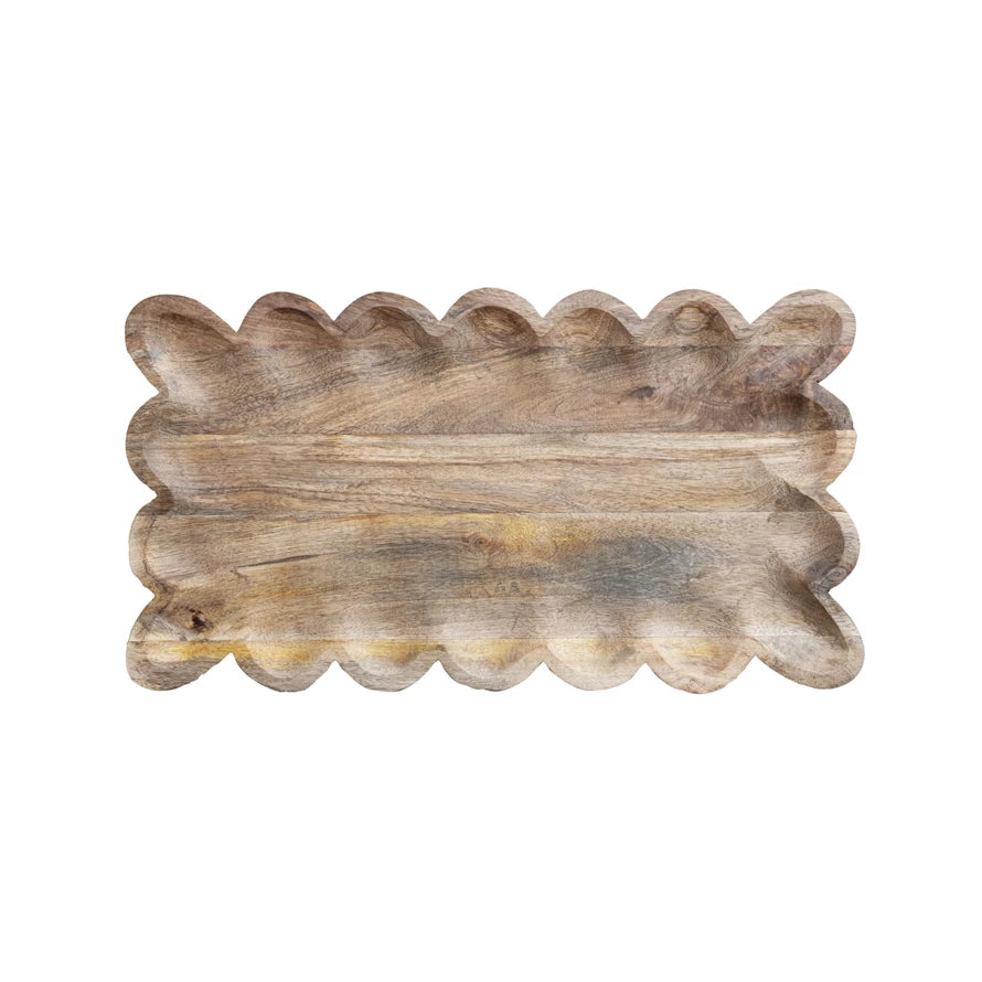 17-1/2"L x 9-1/2"W Mango Wood Tray w Scalloped Edge, Natural