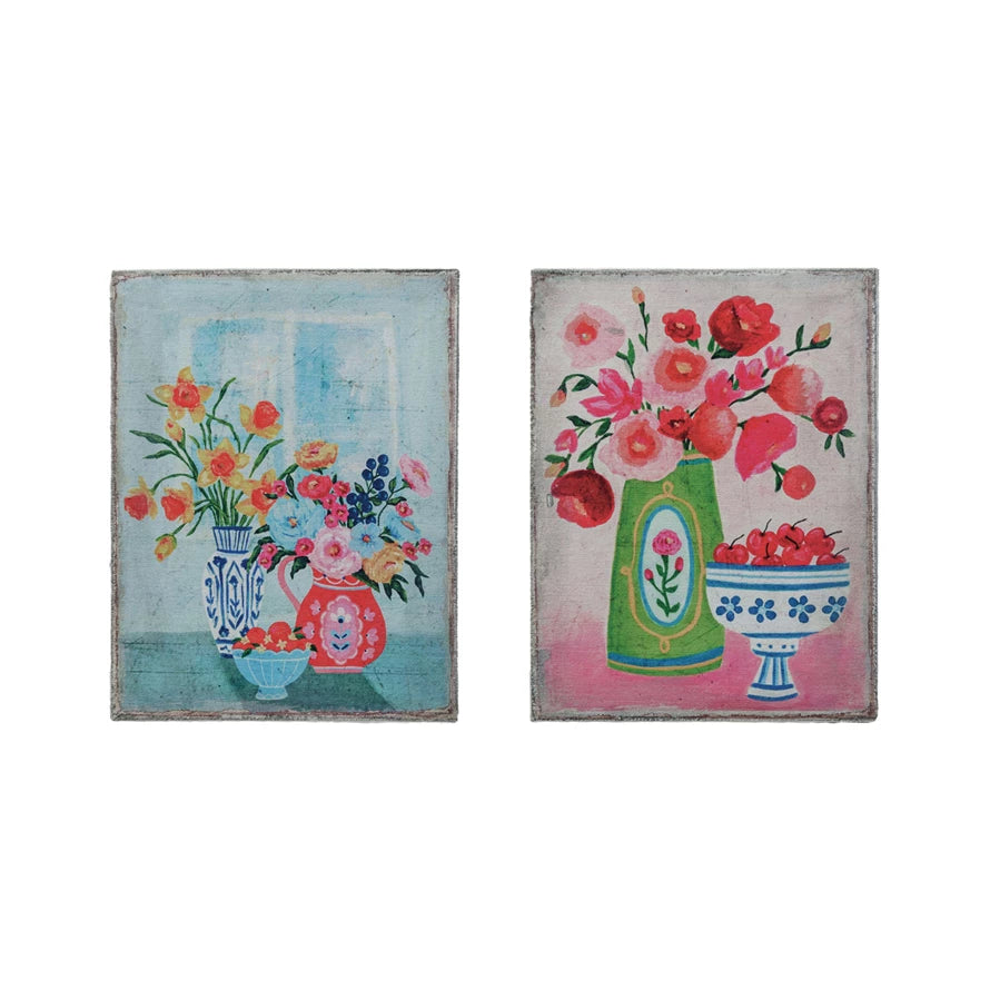 Wood Framed Canvas Wall Décor w/ Flowers in Vases, 2 Styles ©