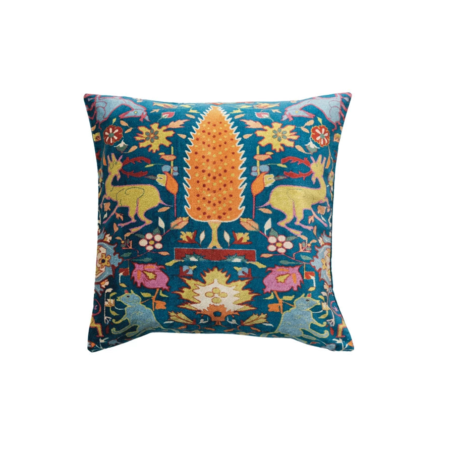 20" Sq Cotton Blend Velvet Pillow w Woodland Pattern