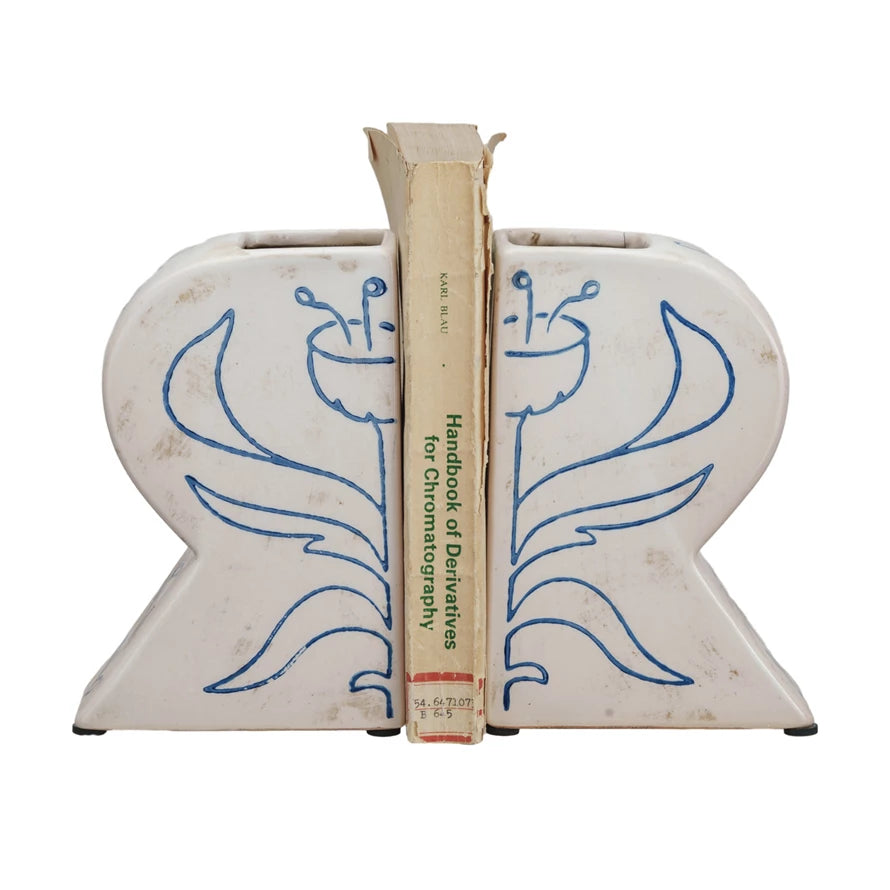 Terra-cotta Vases/Bookends w/ Hand-Painted Flower