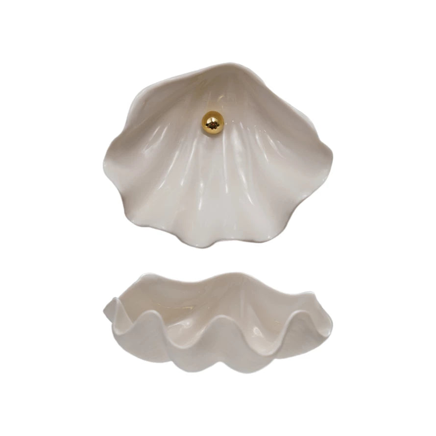 5"L Stoneware Shell Shaped Dish w Bead, White&Gold Color