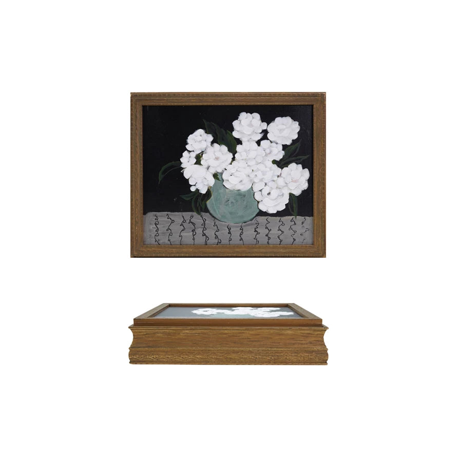 13-3/4"L Wood Jewelry Box w Flowers in Vase, Mirror