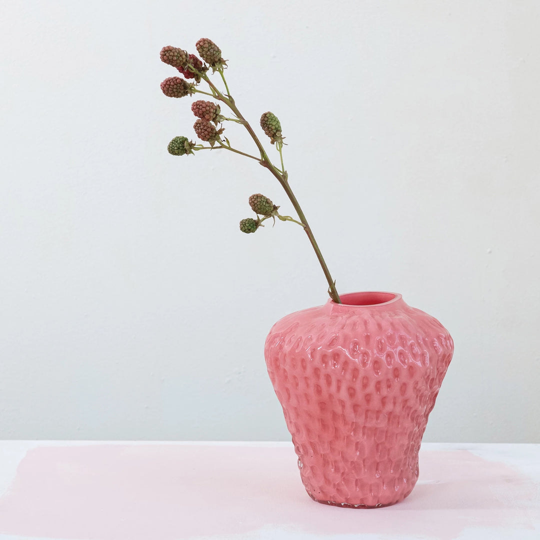 6-1/4" Rd x 6-3/4"H Glass Strawberry Shaped Vase, Pink